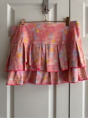 Lucky in Love Women’s Large 12 Tennis Golf Skort Pink Watercor Tiered Ruffle new